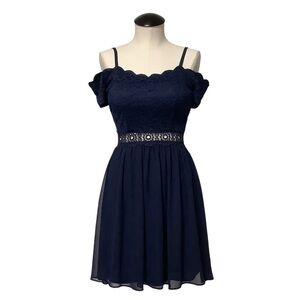 I.N. SAN FRANSISCO Midnight Blue Off the Shoulder Lace Dress - Size 3